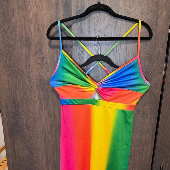 Small Rainbow Tie Dye Maxi Dress Spaghetti Strap Cutout Twist Front Crisscross - Picture 3 of 8